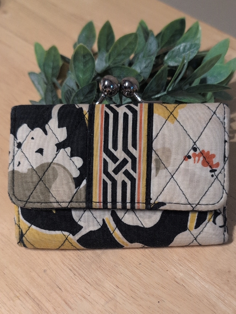 Vera Bradley Quilted Floral Kiss-Lock Wallet in Black, Yellow & Cream